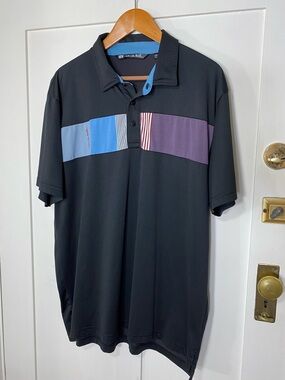 Travis Mathew Golf Performance Polo Shirt Black Blue Purple Line Pattern XXL